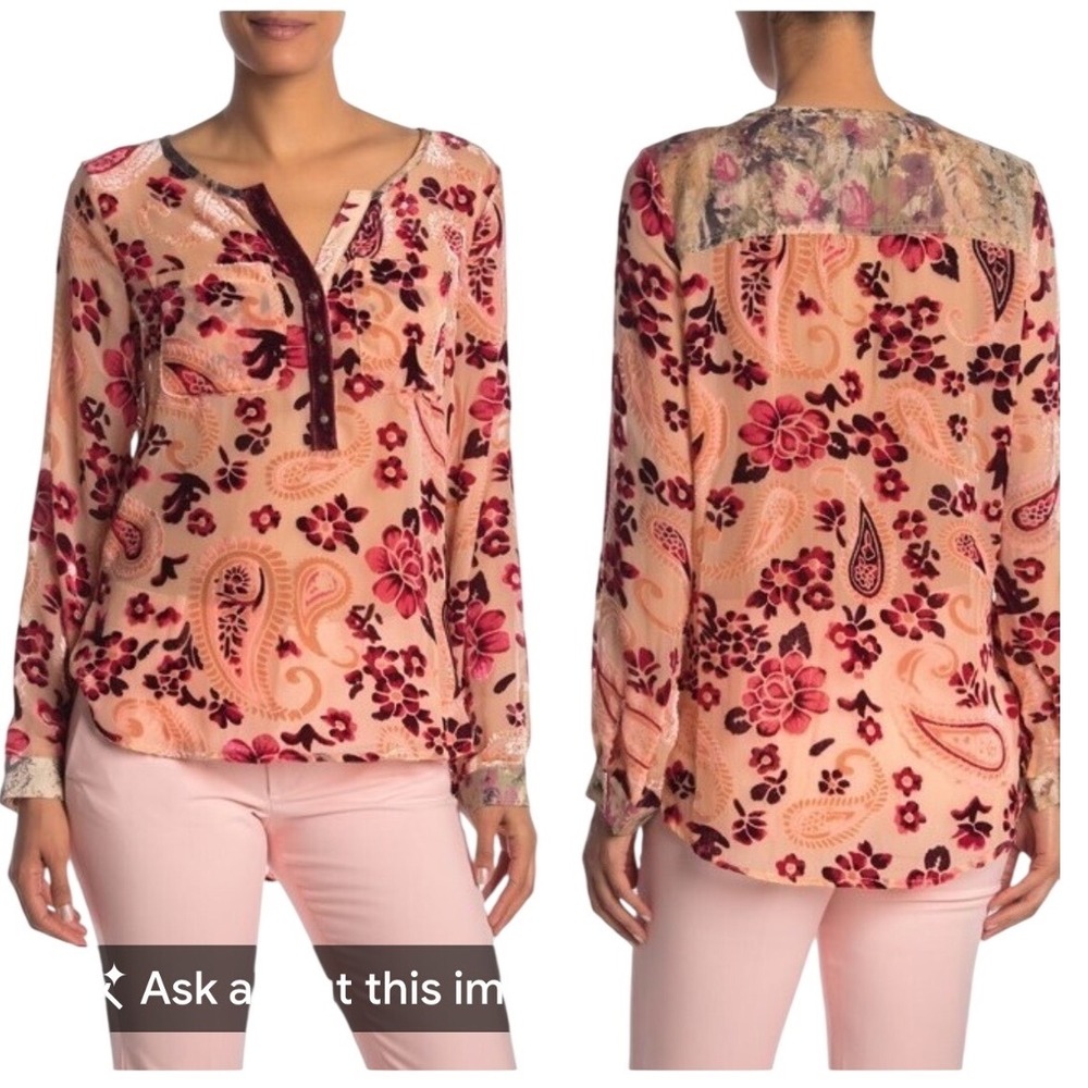 Aratta Silent Journey Pink Paisley Floral Burnout Velvet Rose Tunic Top EUC
